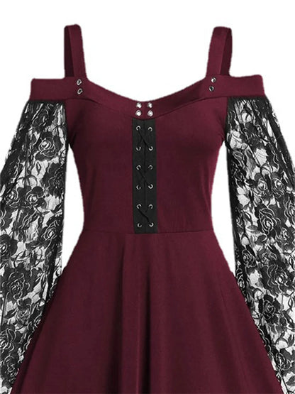 2022 New Gothic One-shoulder Lace Stitching Flared Sleeve Dress Literary Vintage Autumn Grunge Black A-line Dress Punk Partywear