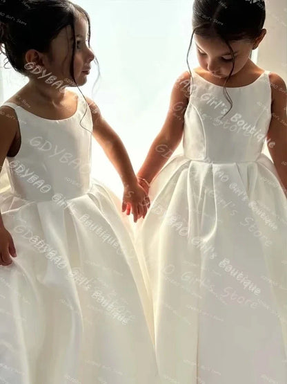 Simple Satin First Communion Dress With Bow Spaghetti Strap Backless Flower Girl Dress for Wedding 2-14 Kids Birthday Party Gown