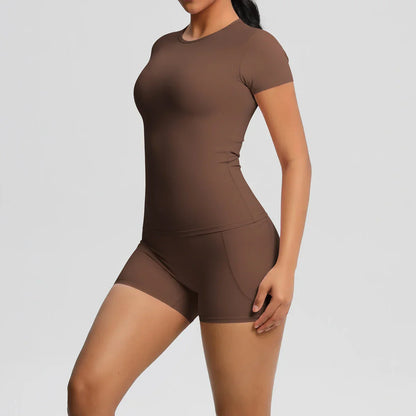 Workout Sportswear 2Pcs Piece Female Yoga Shirt Push Up Workout Clothes Women Outdoors Sport  High Waist  Fitness Sport Shorts