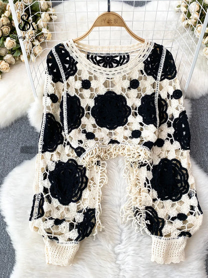 Hook Flower Hollow Out Tops Women Long Lantern Sleeves Tassels Vintage Bohemian Loose Beachwear Hotsweet Knit Blouse