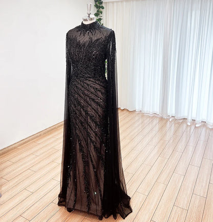 Luxury Beaded Evening Dress Cape Sleeve Dubai Sheer Neck Mermaid Formal Prom Wedding Party Gown Customized 2026