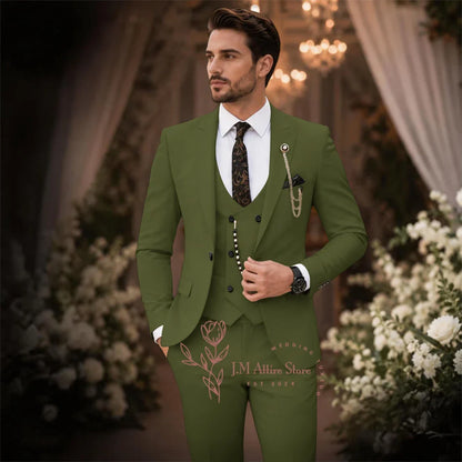 Sage Green Suit Men's 3 Piece Set Peak Lapel Jacket Vest Pants Custom Slim Fit for Wedding Groom Cocktail Party Tuxedo