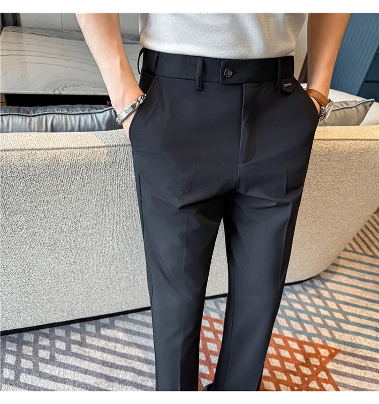 High Quality Modal Acetate Elastic Waist Casual Pants 2026 Spring Summer New Men's Solid Color Slim Fit Business Suit Pants