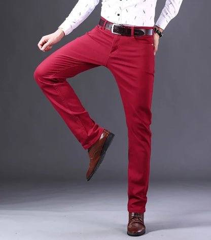 Brand Classic Style Men's Wine Red Jeans Fashion Business Casual Straight Denim Stretch Trousers Male Denim Pants Korean reviews