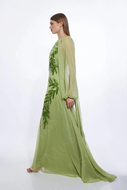 Customized Latest Sage Evening Dresses 2025 Arabic Round Neck Prom Party Gowns Puffy Long Sleeves Wedding Guest Dresses Feathers