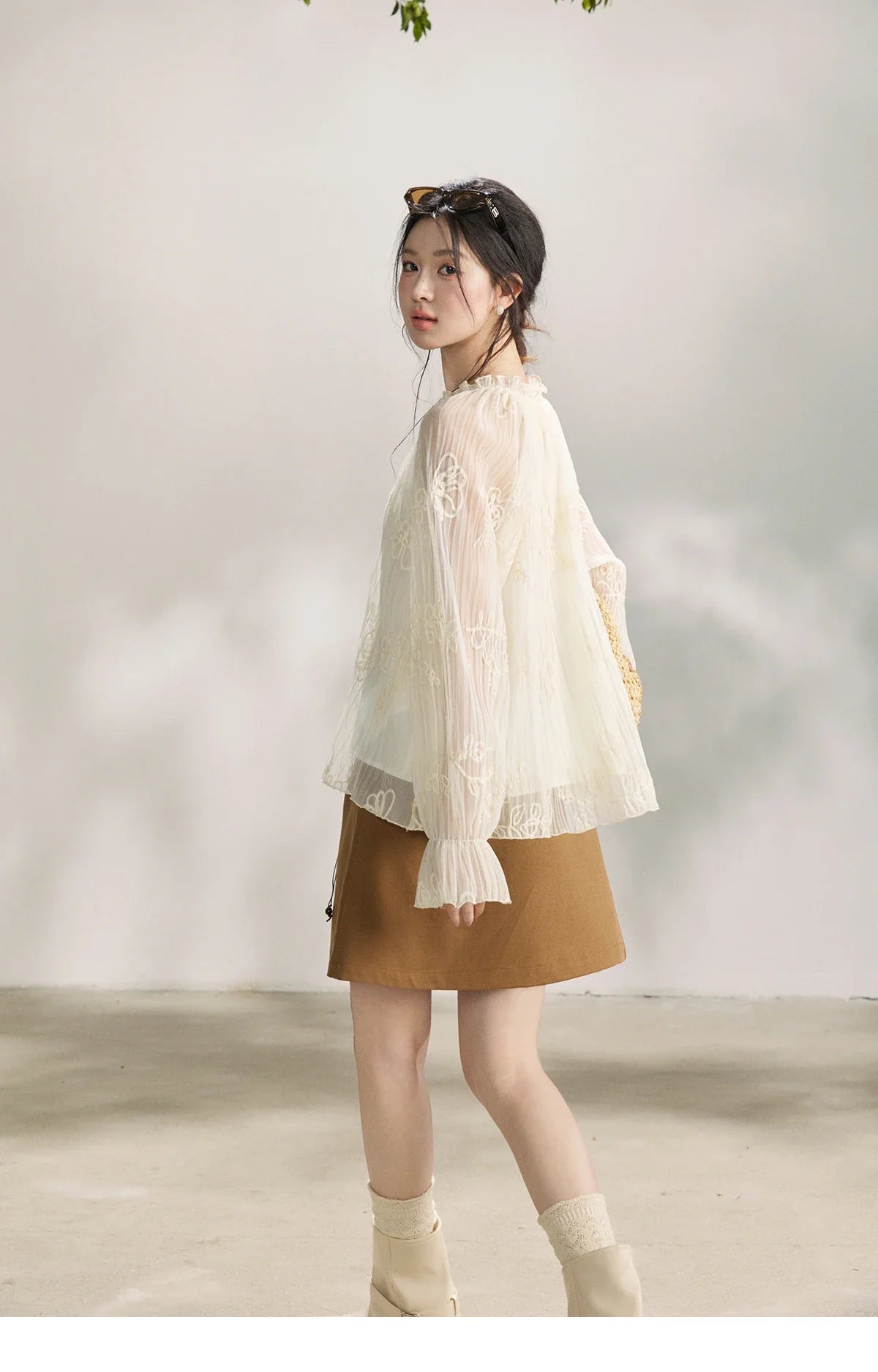 Women's Tassel Tie Flower Embroidered Blouse 2026 Spring V-Neck Lantern Sleeves Top Casual Loose Sheer Blouses MXF13X2525