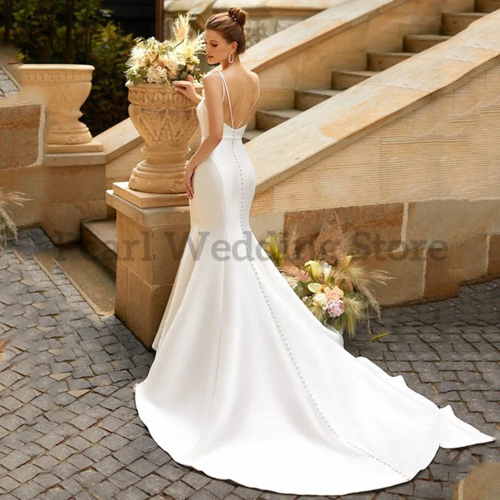 Elegant Wedding Dress of V-Neck and Backless Spaghetti Straps with Belt Mermaid High Quality Sexy Bridal for Church Marry Gowns