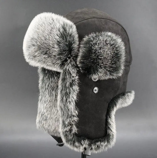 Suede Leather Russian Cossack Ski Cap Earflap Bonnet Faux Fur Earflap Bomber Hats Trapper Hat
