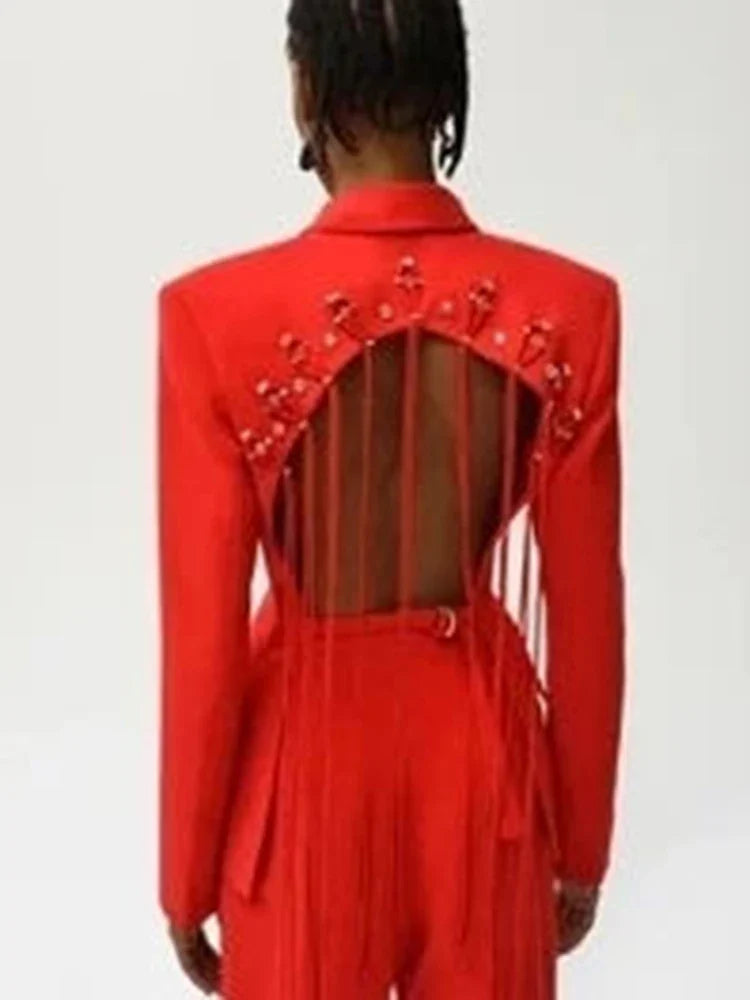 Patchwork Diamonds Backless Blazer For Women Notched Collar Long Sleeve Spliced Button Chic Blazers Female Style