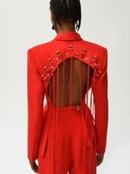 Patchwork Diamonds Backless Blazer For Women Notched Collar Long Sleeve Spliced Button Chic Blazers Female Style