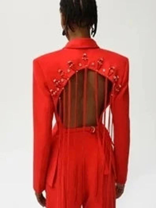 Patchwork Diamonds Backless Blazer For Women Notched Collar Long Sleeve Spliced Button Chic Blazers Female Style