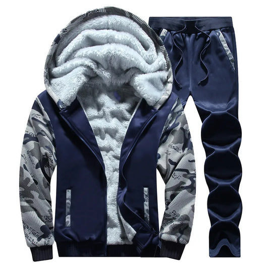 Winter Thick Men Sports Suit Men Tracksuit Hooded Sportswear Zipper Cardigan Hooded Woolen Trousers Pants Casual Men Fleece Set