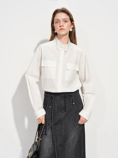 2026 Spring Women's Relaxed Fit Stand Collar Shirt Soft Touch Oversized Blouse White Blue Healing Commute Minimalist Style