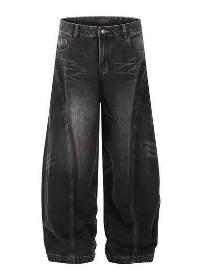 Vintage Black Washed Baggy Jeans Pants Men Wide Leg Curved Blade Pants Streetwear Cowboy Casual Denim Straight Trousers