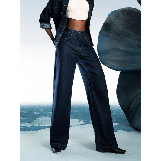 Women Denim Jeans 2025 Spring New Acetate Wide Leg Mid Low Waist Slim Fit Straight Wide Leg Pants
