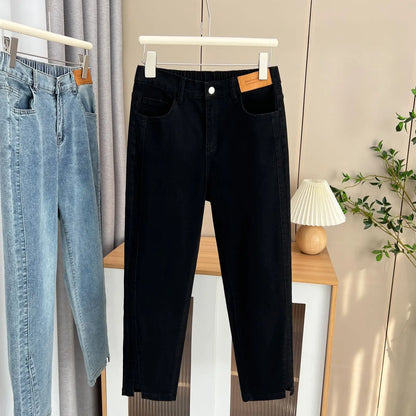 Women's Split Leg Opening Drainpipe Jeans, Casual Ankle Length Denim Pants, Straight Leg, Plus Size, Spring, Autumn, 100kg, 1649