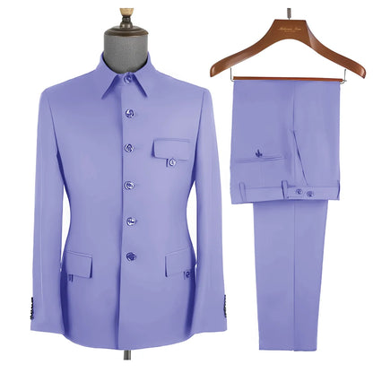 Royal Blue Formal Men's Suit 2 Piece Set Stand Collar Blazer Pants Slim Fit Wedding Groom Tuxedo Party Dress