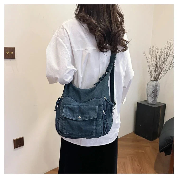 Solid Color Denim Trendy Shoulder Bag for 2025 High Quality Fashion Zipper Large Capacity Versatile Women's Crossbody Bag