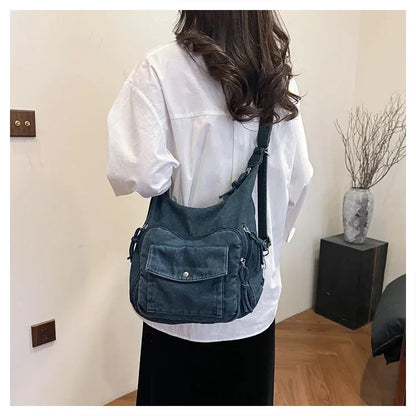 Solid Color Denim Trendy Shoulder Bag for 2025 High Quality Fashion Zipper Large Capacity Versatile Women's Crossbody Bag