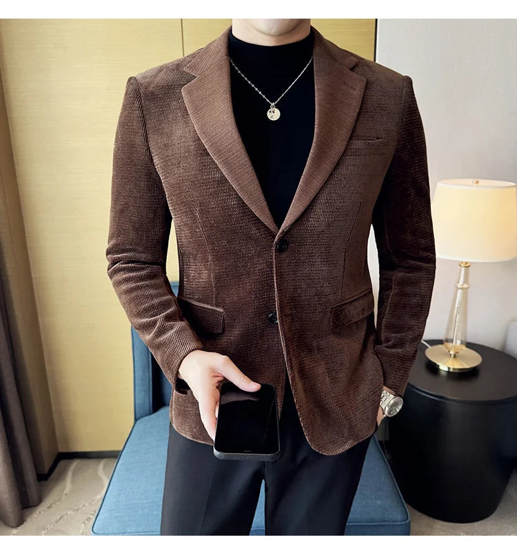 Autumn Winter Fashion Seaweed Pattern Suit Jacket High Quality Luxury Slim Fit Casual Men's Blazers Coats Social Prom Tuxedo