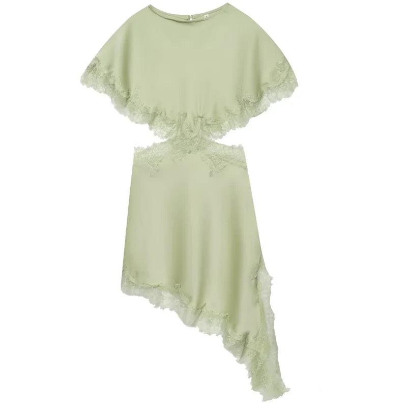 Lace Asymmetric Dress Women 2026 Sexy Mini Satin Batwing Sleeve Dress Luxury Women's Elegant Party Dress Hollow Out Vestido
