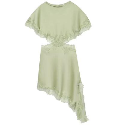 Lace Asymmetric Dress Women 2026 Sexy Mini Satin Batwing Sleeve Dress Luxury Women's Elegant Party Dress Hollow Out Vestido