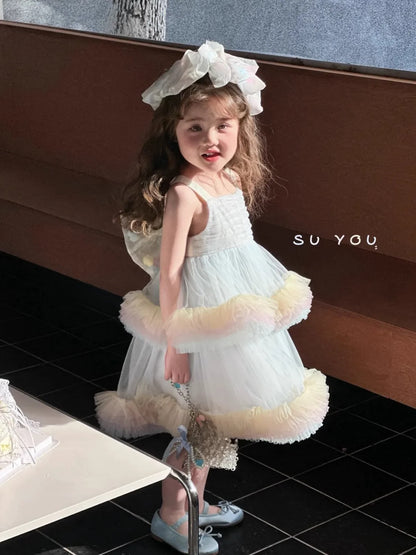 Sweet Baby Girls Elegant Rainbow Gradient Tutu Princess Cake Sundress Kids Tulle Ruffle Trim Puffy Birthday Party Casual Gown