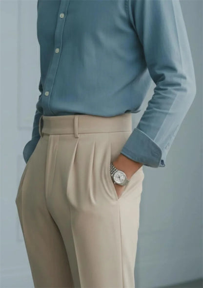 Men’s Beige High Waist Pleated Trousers Tailored Dress Pants with Side Adjusters Vintage Old Money Style