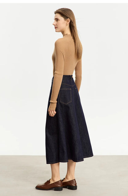 Minimalist Women Denim Skirt 2025 Autumn New French Retro Loose Basics Casual A-line Office Lady Cotton Midi Skirt 12343070
