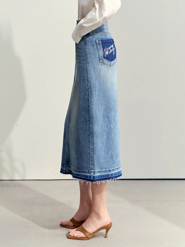 Minimalism 2024 Summer New Casual Denim Style Women Jeans Skirts Letters Embroidery Open Fork Female A-line Skirt 12442282