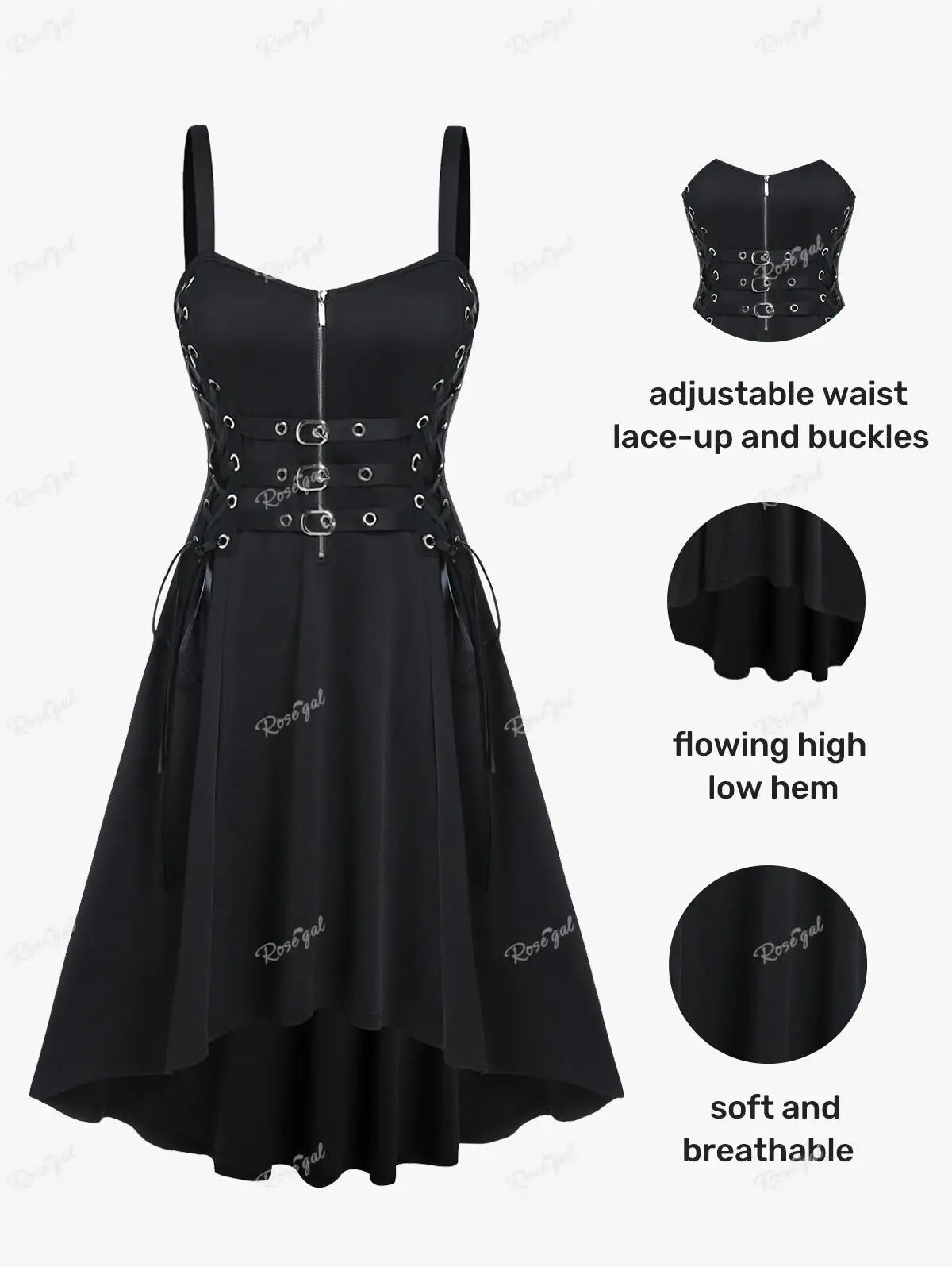 Plus Size Gothic Buckled Lace Up Midi Dress High Waist Sweetheart Neck Asymmetrical Half Zip Sleeveless Party Punk Dress