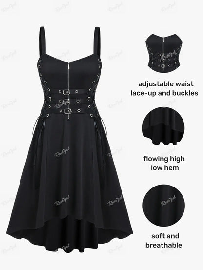 Plus Size Gothic Buckled Lace Up Midi Dress High Waist Sweetheart Neck Asymmetrical Half Zip Sleeveless Party Punk Dress