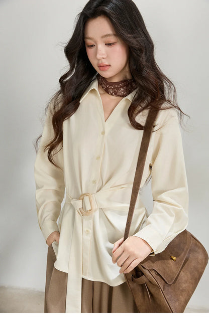 Women's Lapel Collar Long Sleeve Shirt 2026 Spring with Belted Waist Casual Loose Soft Beige Shirt Office Lady MXF13C2452