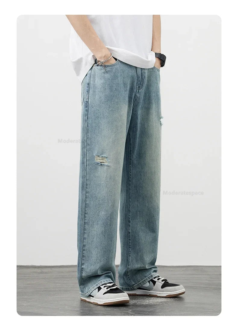 Korea Baggy Jeans Men's Vintage Straight Ripped Y2k Pants Fashion Frayed High Street Distressed Denim Trousers Male Clothes