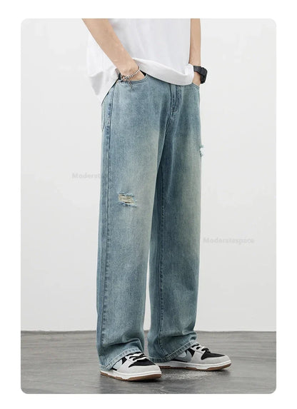 Korea Baggy Jeans Men's Vintage Straight Ripped Y2k Pants Fashion Frayed High Street Distressed Denim Trousers Male Clothes
