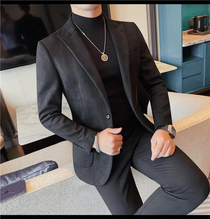 Classics Autumn Winter Suede Suit Jackets Fashion New Solid Slim Fit Business Office Social Blazer Wedding Top Mens Clothing 4XL