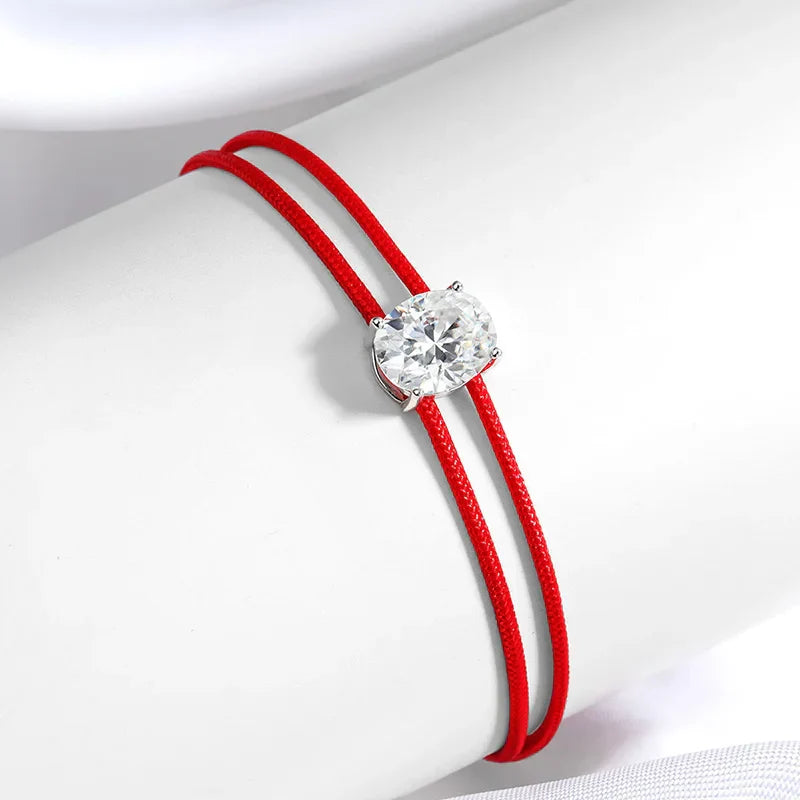 3CT Oval Cut Moissanite Braided Cord Bracelets for Women Men Adjustable Sliding-Knot Dainty Pure S925 Silver Chain D VVS1