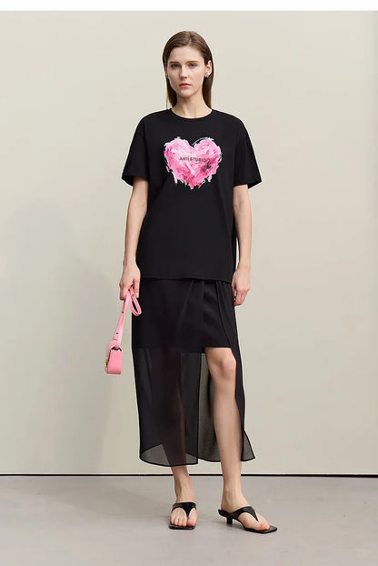 Woman T-shirts 2026 Summer Anti-Bacterial Loose Fit Round Neck Tee Heart Print Cotton Casual Knit Short Sleeve Top 12622026
