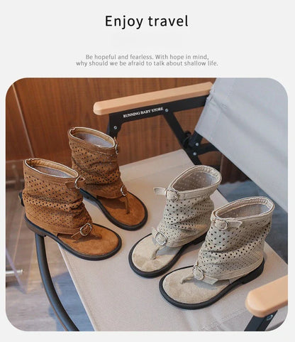 Ankle-strap Summer Slouchy Boots for Girls Suede Leather High-top Sandals Princess Cut-outs Flip Flop Dress Shoes Child J03203