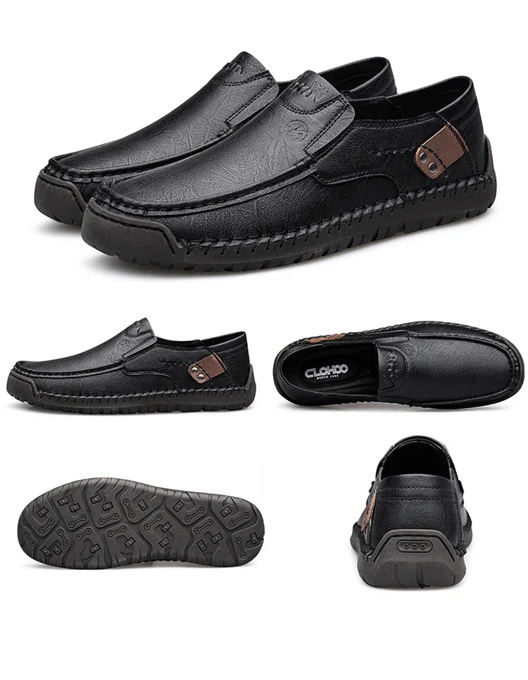 Men's Handmade Thick Rubber Bottom Breathable Casual Leather Shoes Classic Sewn Loafers Comfortable Leisure Footwear