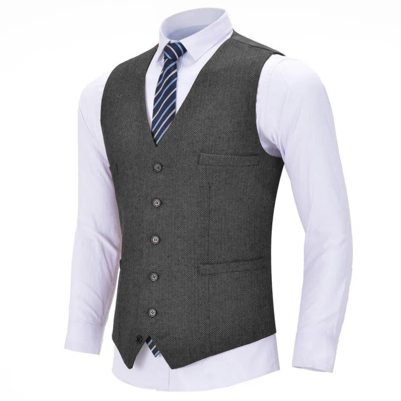 Men Vest Red Solid V Neck Herringbone Waistcoat For Wedding Business Birthday Banquet Work Set Men Suit Vest