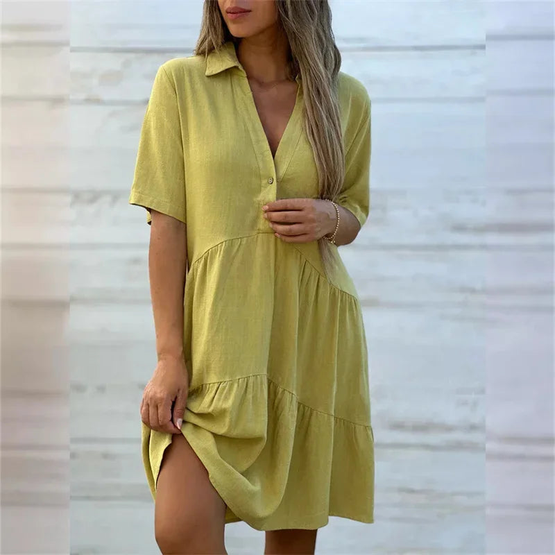 Women Cotton Linen Solid Color Dresses Lapel Button Patchwork Dress Summer Casual Commuter High Waist Short Sleeves Female Gown