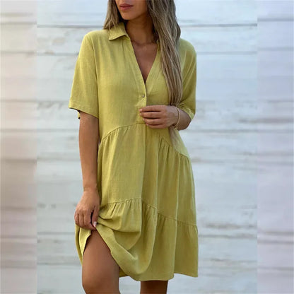 Women Cotton Linen Solid Color Dresses Lapel Button Patchwork Dress Summer Casual Commuter High Waist Short Sleeves Female Gown