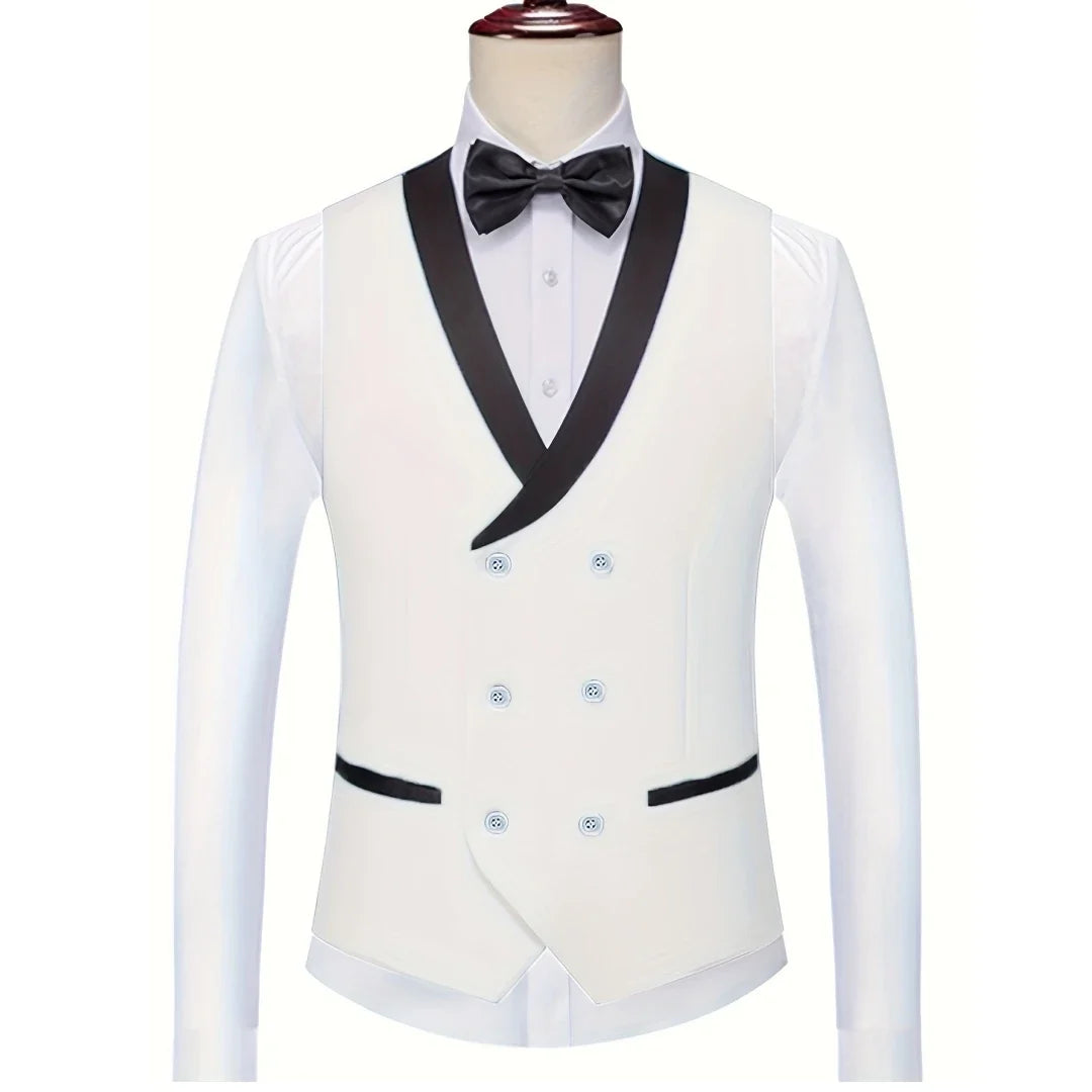 Men Vest White With Black Lapel Double Button Waistcoat For Wedding Birthday Banquet Party Business Work Daily Men Suit Vest
