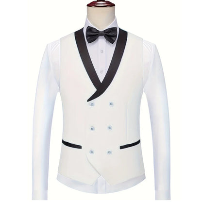 Men Vest White With Black Lapel Double Button Waistcoat For Wedding Birthday Banquet Party Business Work Daily Men Suit Vest