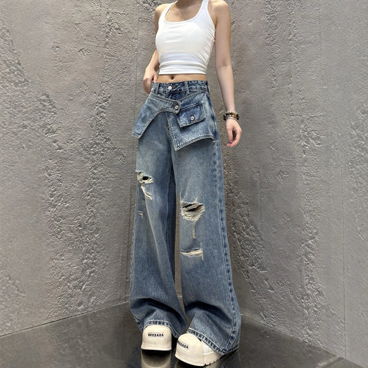 Streetwear Harajuku Jeans for Women Pantalones Vaqueros Mujer Chic Fake Two Denim Trousers Casual Straight Y2k Wide Leg Pants