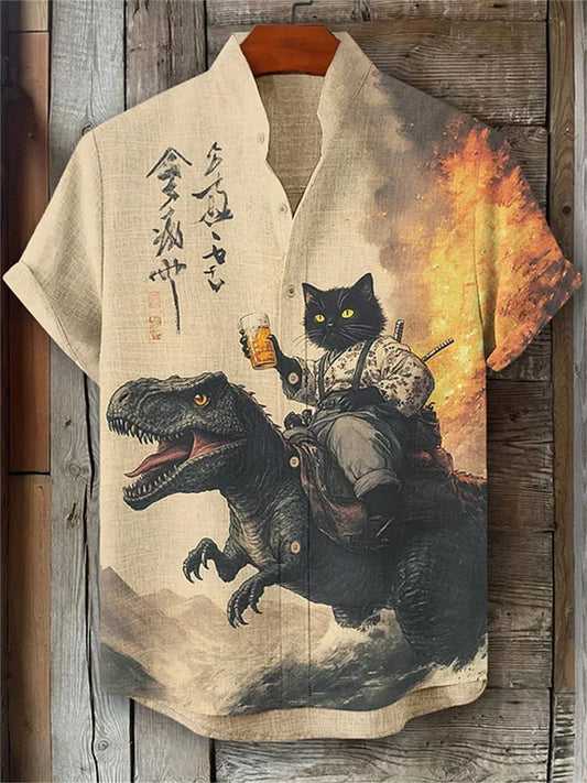 Men's short-sleeved shirt with cat and dinosaur print, casual and stylish vacation-style men's top, fashionable Hawaiian design.