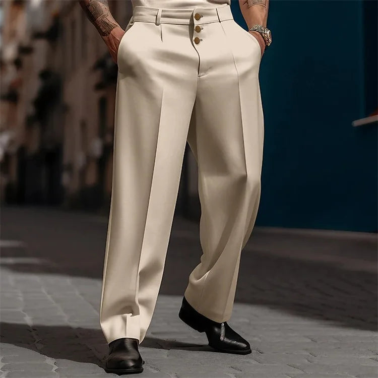 Male Formal Outdoor Pants Men's Solid Color Simple Basic Casual Trendy Loose Business Wide Leg Straight Button Suit Trousers