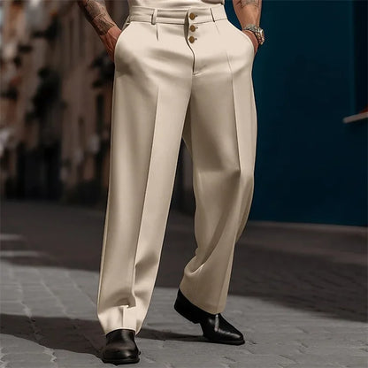 Male Formal Outdoor Pants Men's Solid Color Simple Basic Casual Trendy Loose Business Wide Leg Straight Button Suit Trousers