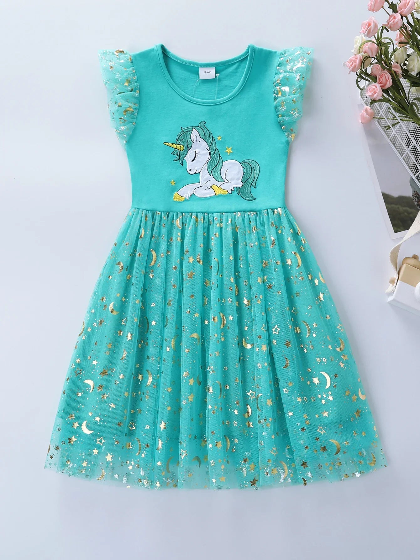 Summer New Girl's Cotton Unicorn Embroidered Mesh Spliced Sleeveless Dress SH1701